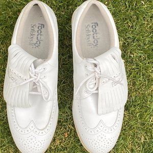 Vintage FootJoy 48769 Green Joys Wing Tip Women's Golf Shoes 7 Steel Spike White